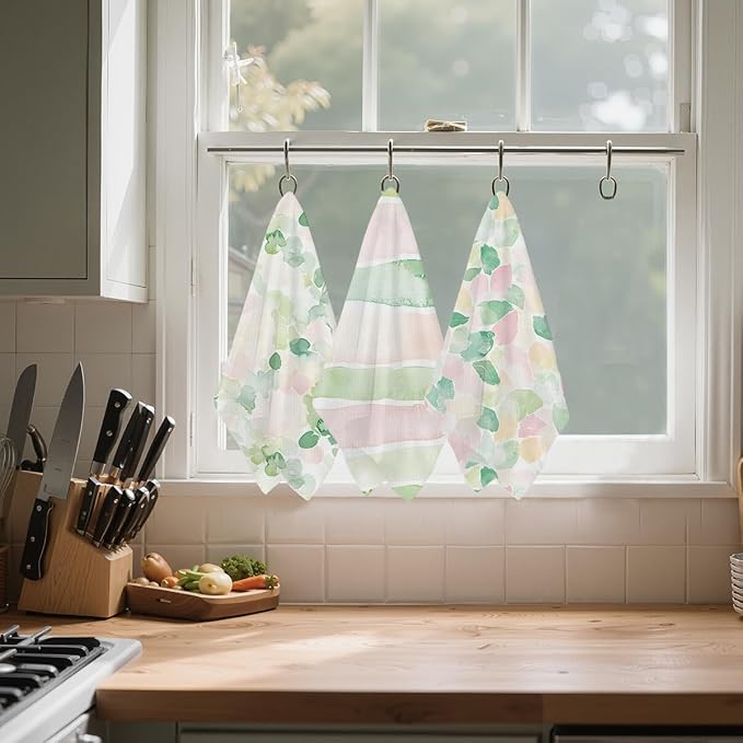 3 Pcs Pastel Pink Green Stripe Kitchen Towels, Watercolor Flower Leaves Decorative Absorbent Microfiber Dish Cloth Tea Towel, Waffle Hand Towels for Farmhouse Home Bathroom, Housewarming Gifts