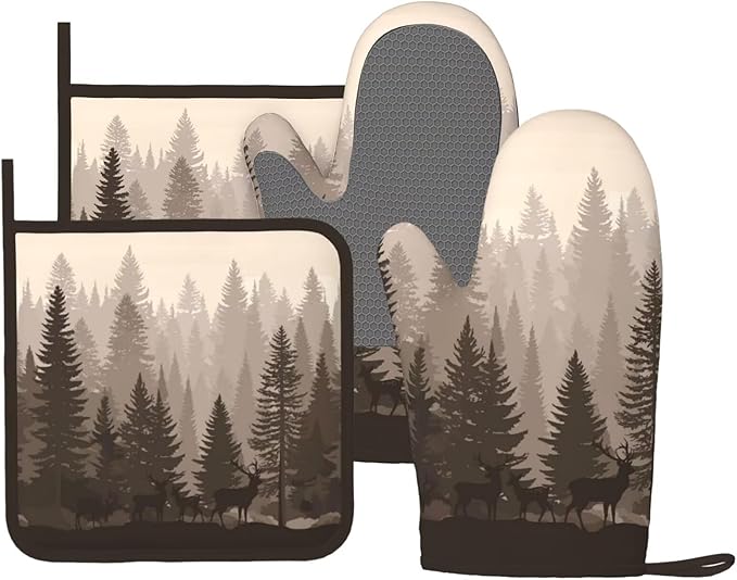 Deer Forest Pine Tree Oven Mitts and Pot Holders 4 pcs Set Silicone Deer Forest Pine Tree Kitchen Oven Mitt Gloves Pot Holders Non-Slip Heat Resistant Cooking Mitts Set for Baking BBQ
