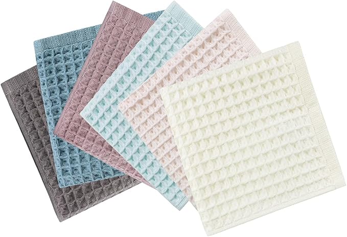 vfaejll 6 Pack Waffle Weave Dish Cloths, 13x13 Inch 100% Cotton Kitchen Towels for Washing Dishes - Super Absorbent, Quick Drying Dish Rags (Mixed Colors)