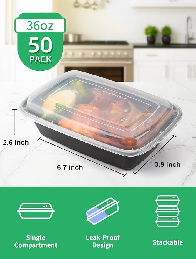 UMT Plastar Meal Prep Containers with Lids 36 oz, 50 Pack BPA-Free Food Prep Containers, Leakproof Reusable Plastic Food Storage Containers, Microwave Freezer Dishwasher Safe, To-Go Takeout Containers