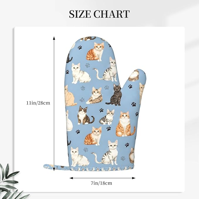 Cat Blue Silicone Oven Mitts Set of 2, Heat Resistant up to 500°F, Kitchen Oven Gloves with Non-Slip Grip and Soft Cotton Lining for Baking, Cooking and BBQ