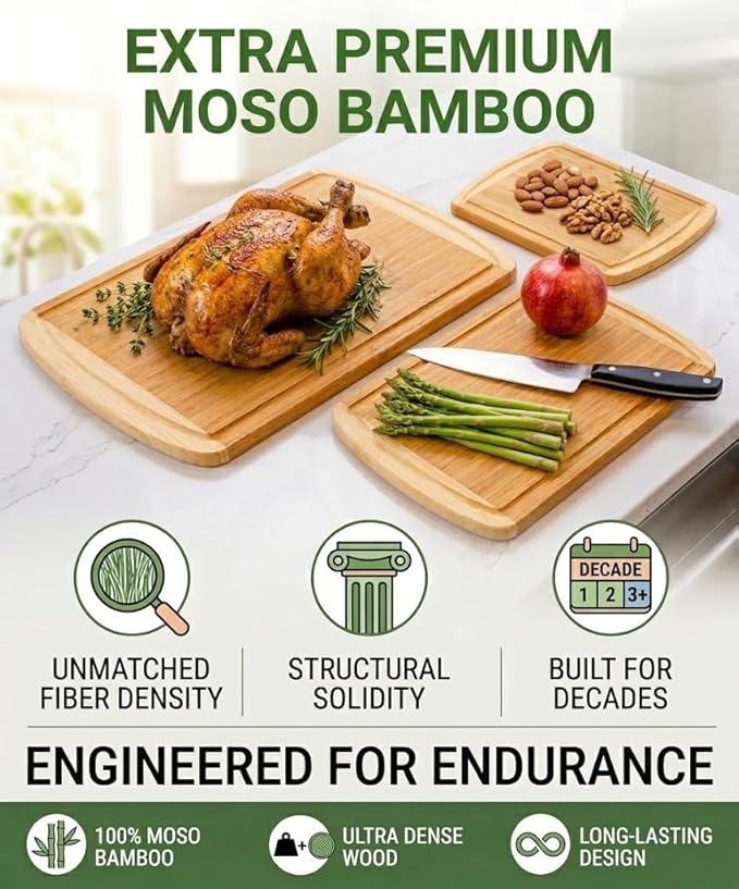 Greener Chef Luxury XL Bamboo Cutting Board Set of 3 with Vertical Grain Strength Technology - Extra Large Wood Cutting Boards for Kitchen and Lightweight Chopping Board Set - Replacements for Life