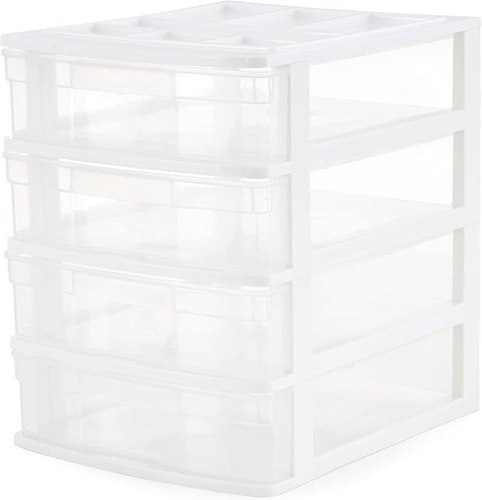 Gracious Living Drawer Organizer, 4-Tier Plastic Storage Desktop Drawers, White Frame - Desk Containers for Bathroom, Bedroom, Office, and Classroom Organization