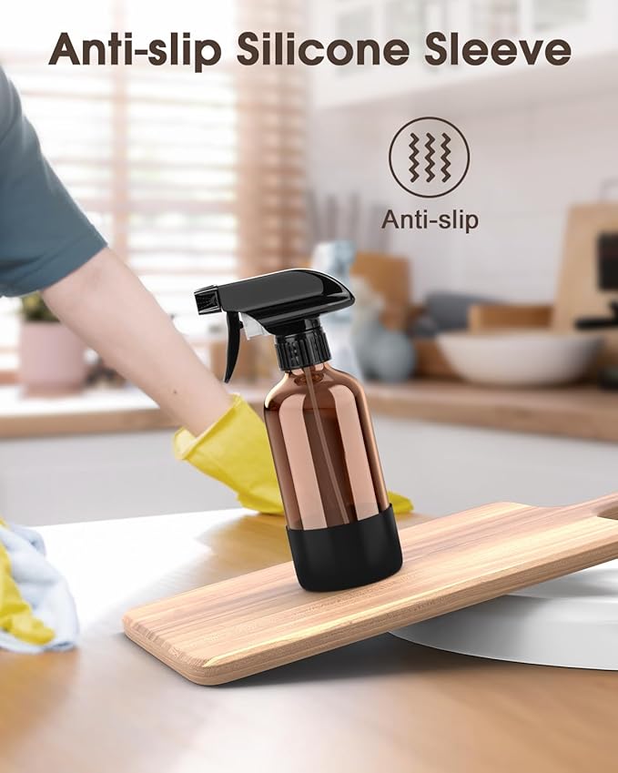 Bontip Glass Spray Bottle with Silicone Sleeve Protection, Amber Glass Spray Bottle Set for Window Cleaner Aromatherapy Facial Hydration Watering Flowers Hair Care 2 Pack/8 oz (Black & White)