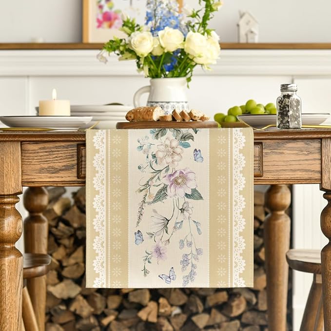 Artoid Mode Yellow Printed Lace Floral 210 GSM Spring Table Runner, Seasonal Summer Kitchen Dining Table Decoration for Home Party Decor 13x72 Inch