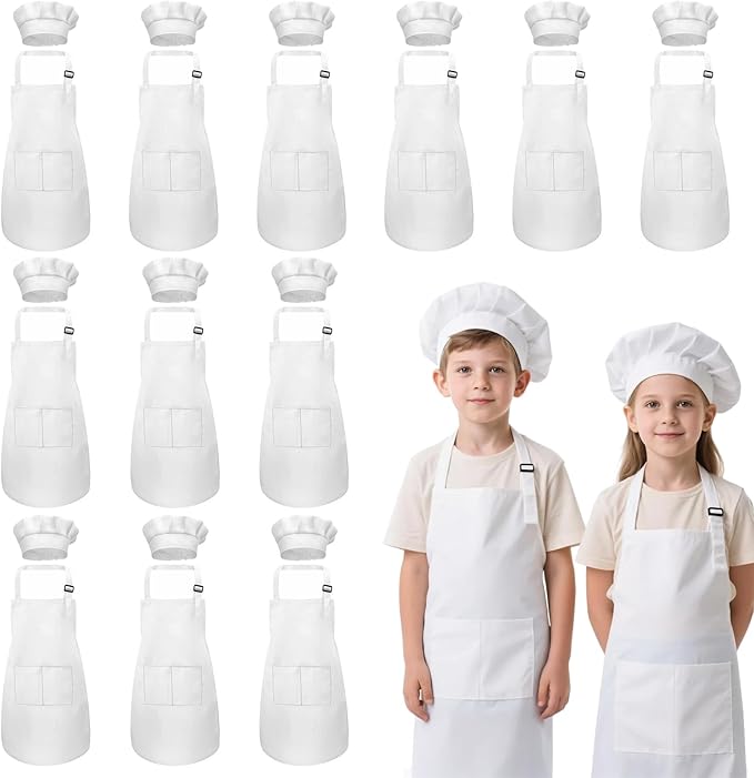 Kids Apron and Chef Hat Set, 24 Pieces Boys Girls Kids Apron with 2 Pockets Adjustable for Cooking Classroom Baking Painting, 6-13 Years, White