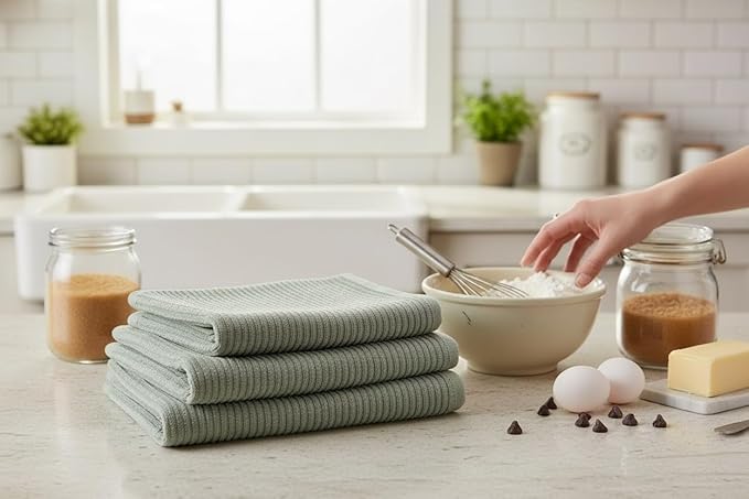 Serafina Home Sage Green Kitchen Dish Towels 100% Cotton Cloth Soft Cleaning Drying Absorbent Terry Ribbed Loop: Set of 3 Multipurpose for Everyday Use