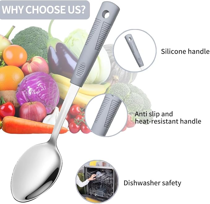 Stainless Steel Serving Spoon Set with Non-Slip Silicone Handles, 2-Piece Serving Spoon and Perforated Spoon, Home Kitchen, Parties & Daily Use (Grey)