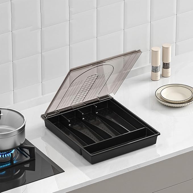 SHOWERORO Large Flip-top Kitchen Silverware Box with Dividers, Black Cutlery Organizer Drawer Storage Tray for Forks, Spoons, and Knives, Convenient Utensil Storage Solution for Kitchen