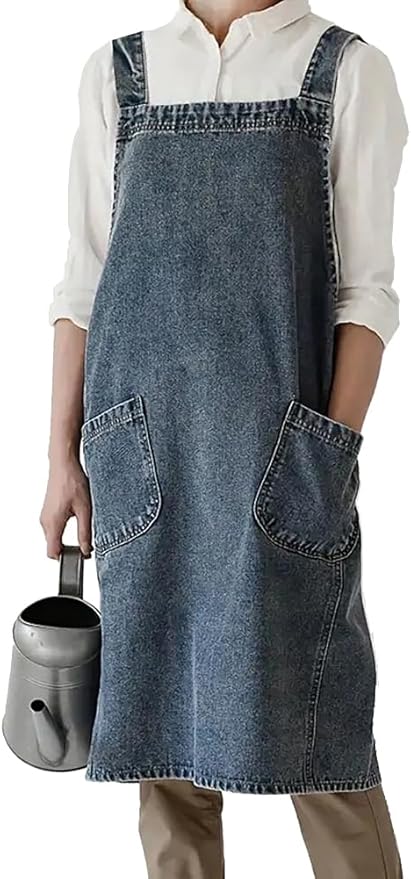 Denim Apron with Large Pockets for Cooking Kitchens, Gardening Aprons for Women Men, Bib Jean Apron for Arts Cafe Work (Style B, Deep Blue)