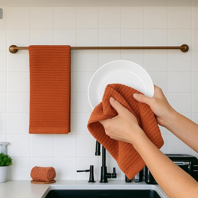Serafina Home Kitchen Dish Towels for Hands Drying Cleaning Burnt Orange Rust 100% Cotton Soft Cloth Absorbent Terry Loop, Set of 3 Multipurpose Everyday Use Large Oversized 18" x 28"