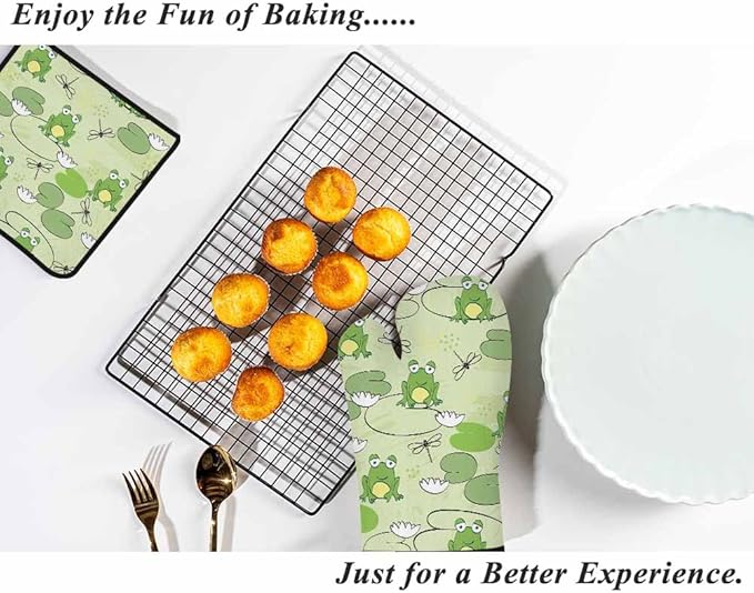 Frog Oven Mitts and Pot Holders Sets Dragonfly Lotus Leaf Summer Heat Resistant 3pcs for Cooking Baking BBQ