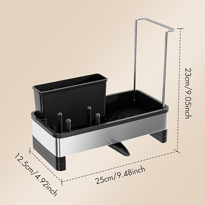 Sink Caddy, Stainless Steel Sink Caddy with Brush Holder, Kitchen Sink Caddy Dishcloth Rack and Holds Soap Dispenser, Sink Organizer Auto-Drain Rustproof Countertop Organizer (Black)