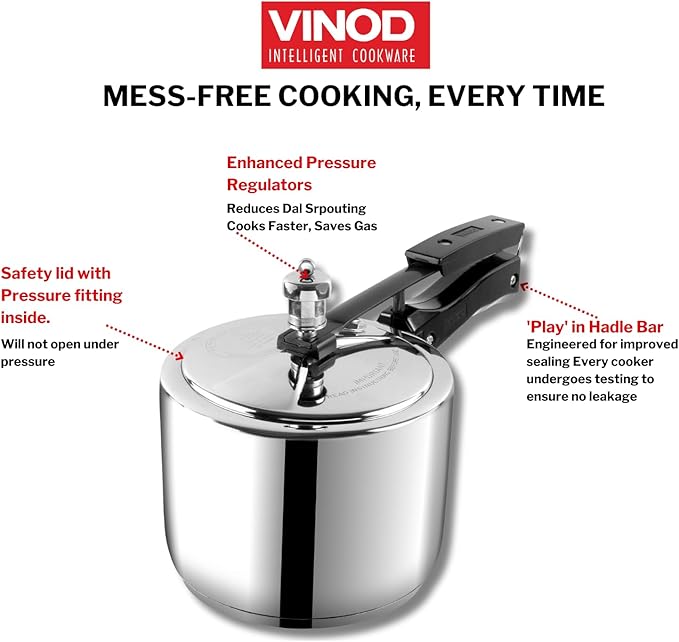 Vinod Stainless Steel Inner Lid Pressure Cooker with Sandwich Base Induction and Gas Compatible 118.5 oz ISI & CE Certified 2-Year