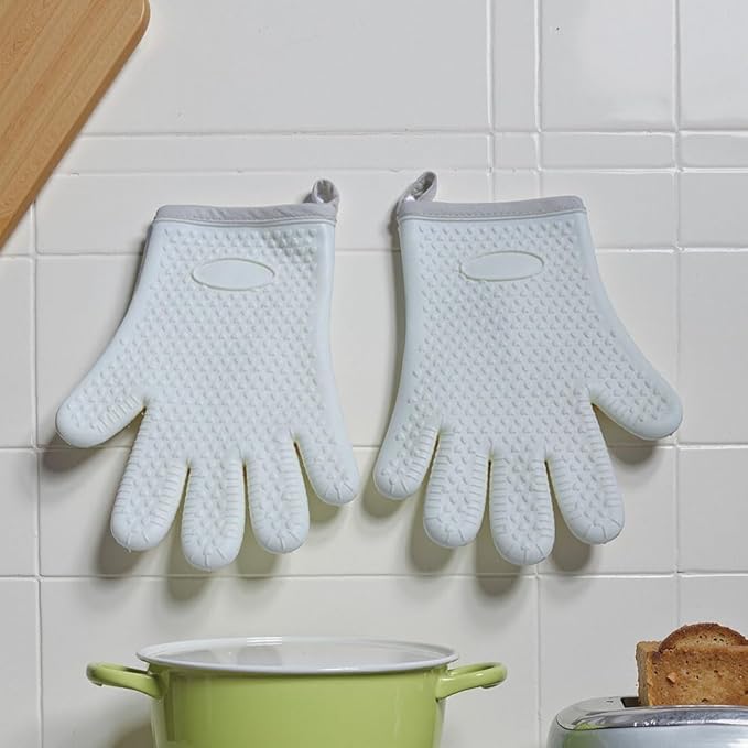 Extra Long Heat Resistant Silicone Oven Mitts Set, Non-Slip Cooking Gloves with Quilted Cotton Liner, Flexible Waterproof Pot Holders for Baking, BBQ, Grilling – 2-Pack (Creamy White)