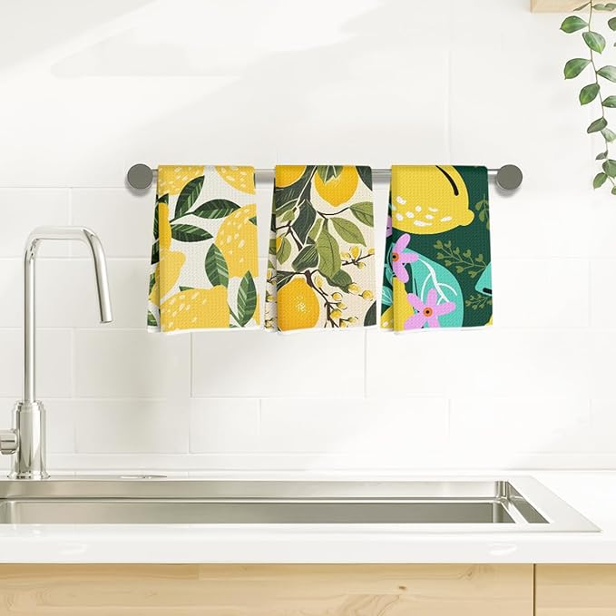 3Pcs Lemon Kitchen Towels 24x14 Inch, Reusable Cleaning Dish Towels for Home Kitchen Bathroom Farmhouse Decor, Waffle Weave Absorbent Hand Cloth Tea Towel, Lemon Gifts for Women Mom Friend Grandma