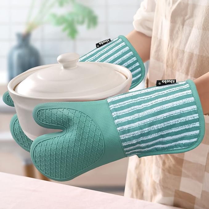 Alselo Silicone Oven Mitts Heat Resistant 932℉ with Waterproof & Non-Slip Kitchen Mittens, Set of 2 Extra Long Oven Gloves with Soft Cotton Terry Lining for Baking Cooking Barbecue