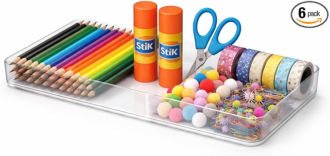 primebox Plastic Clear Acrylic Drawer Organizers. Bathroom, Kitchen, Bedroom, Utensils, Office Organizer Bins, Storage Trays. Heavy Duty, Stackable. 15" x 6" x 2" Set of 6
