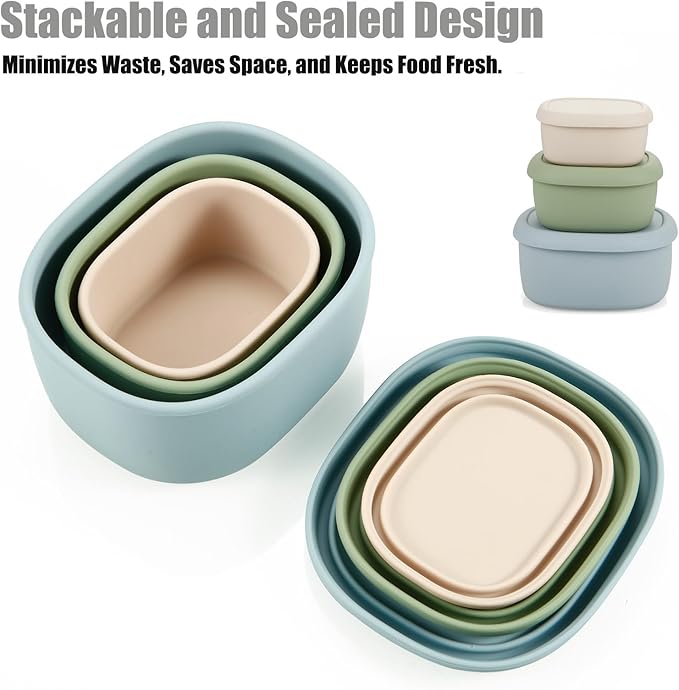 PandaEar 3 Pack Silicone Food Storage Containers with Lids, Reusable Nesting Lunch Bento Box Set, BPA Free, Leakproof, Dishwasher Microwave Freezer Safe (6.7oz, 10oz, 20oz)