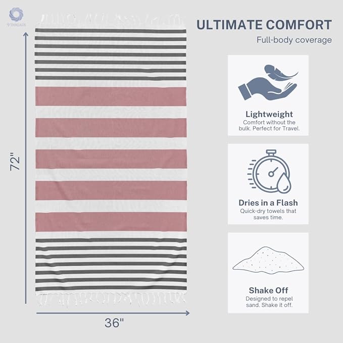 Cotton Turkish Beach Towel with Towels Oversized 36"x72" Pool Absorbent Extra Large Quick Dry Sand Travel Towel (Rosé Obsidian, 2 Pack)