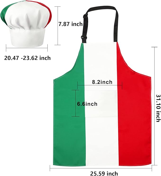 SATINIOR Chef Hat and Apron Italian Gifts for Cooking Baking Fabric Adjustable Chef Apron with Pocket for Christmas Italy Flag Kitchen Gifts Women Men
