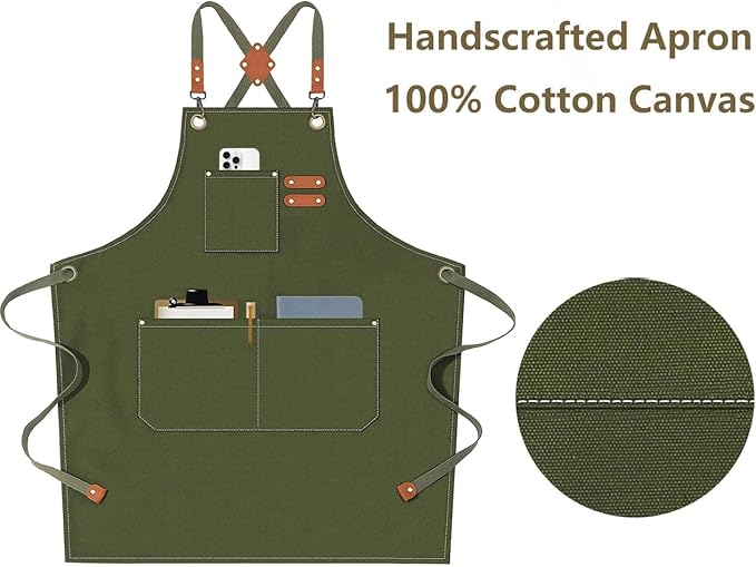 AFUN Chef Aprons for Men Women with Oversized Pockets, 16-Ounce Cotton Canvas Cross Back Heavy Duty Work Apron (Army Green)