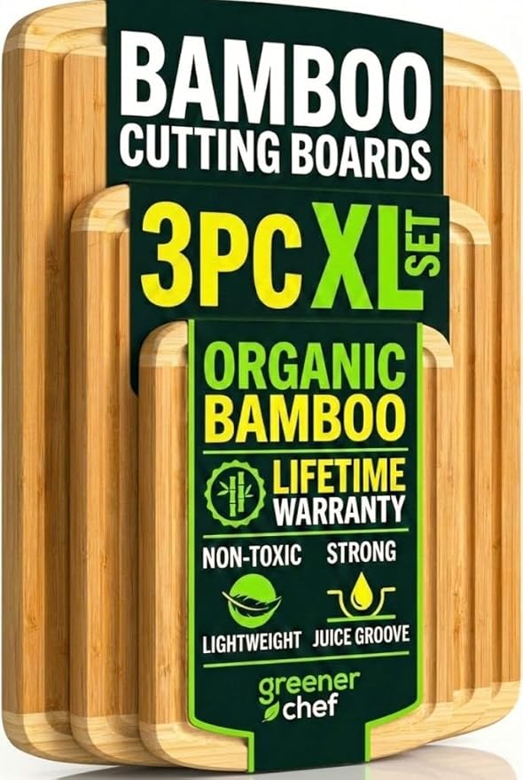 Greener Chef Luxury XL Bamboo Cutting Board Set of 3 with Vertical Grain Strength Technology - Extra Large Wood Cutting Boards for Kitchen and Lightweight Chopping Board Set - Replacements for Life