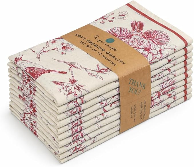 FINGERCRAFT Cloth Napkins, Set of 12 Cotton Linen Blend Printed Dinner Napkins Cloth Mitered Corner Perfect for Parties Dinners Weddings Cocktail Christmas Easter 20x20 Toile Red