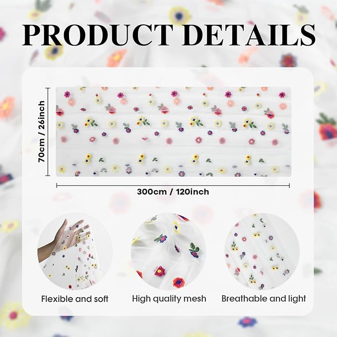 Artoid Mode 3PCS Embroidery Daisy Gauze Table Runner 120 Inch 10FT, Seasonal Sheer Kitchen Dining Holiday Wedding Birthday Table Decor for Home Party