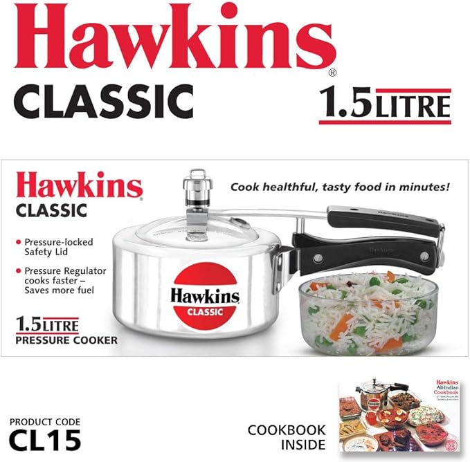 Hawkins Aluminium 1.5 Litre Classic Pressure Cooker,Best Inner Lid Cooker,Small Cooker,Silver(Cl15)