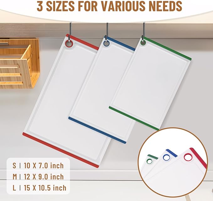 Kikcoin Plastic Cutting Boards for Kitchen, 3-Piece Large Cutting Board Set Dishwasher Safe Chopping Boards with Non-slip Feet and Juice Grooves, Multicolor
