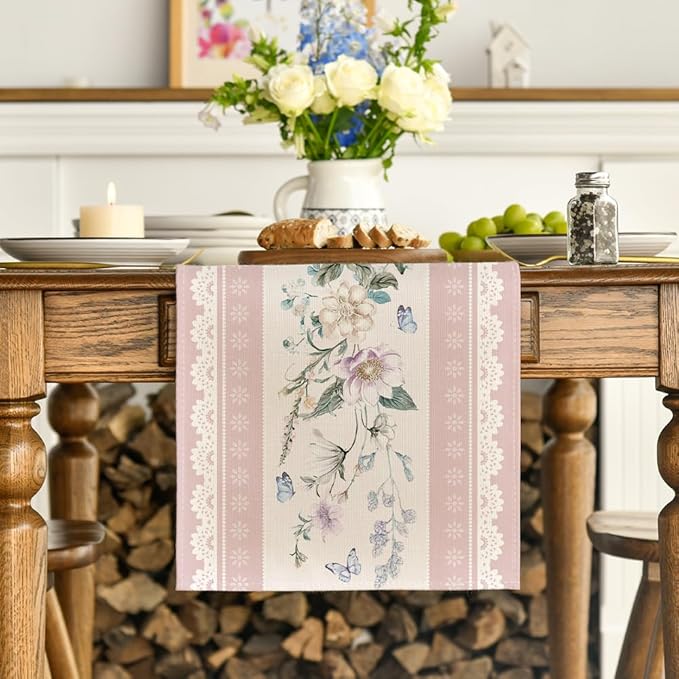 Artoid Mode Pink Printed Lace Floral 210 GSM Spring Table Runner, Seasonal Summer Kitchen Dining Table Decoration for Home Party Decor 13x72 Inch