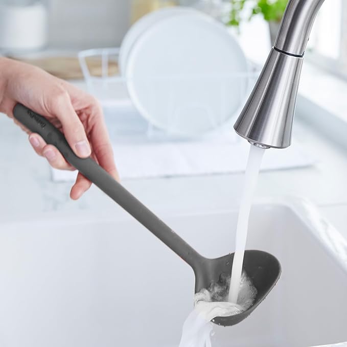 GreenPan Silicone Ladle, Soup Mixing Stirring Serving, Cooking Kitchen Utensil, Flexible Rubber Nonstick Cookware, Rigid Steel Core, Heat-Resistant, Anti-Slip Handle, BPA-Free, Dishwasher Safe, Gray