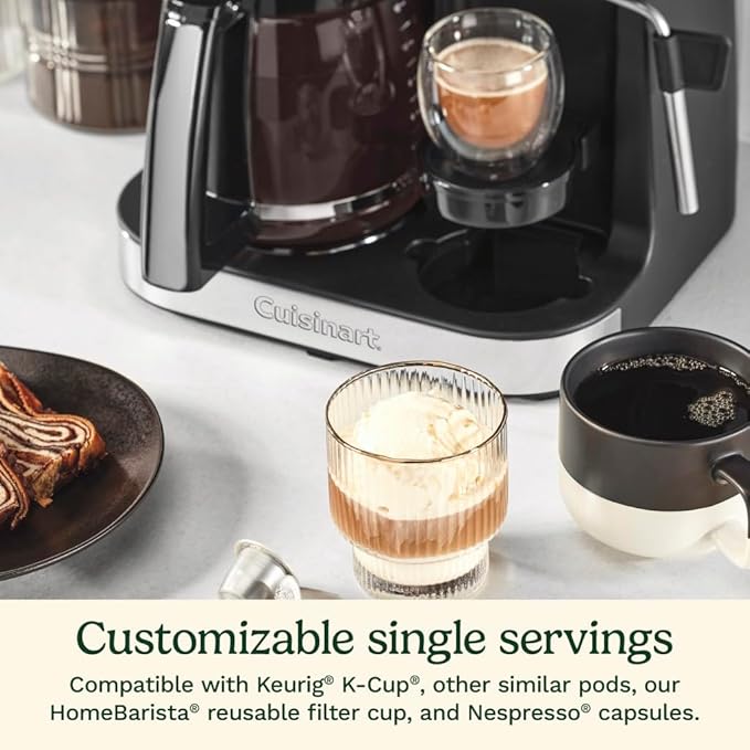 Cuisinart Coffeemaker, Coffee Center Barista Bar 4-In-1 Coffee Machine, Single-Serve Coffee, Espresso & Nespresso Capsule Compatible, 12-Cup Carafe, Silver Crystal, SS-4N1SC