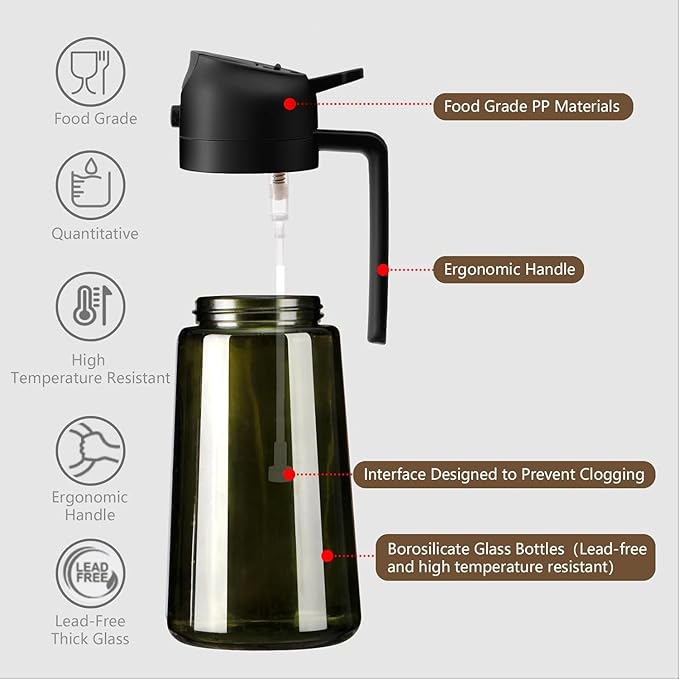 SWEET VIEW - Olive Oil Sprayer for Cooking, 16oz/470ml Glass Light-Proof Oil Pourer for Kitchen with Stickers for Air Fryer, Cooking, Salad, and BBQ with Stickers
