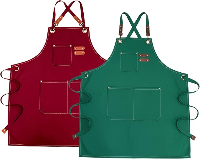Chef Apron with Large Pockets for Women Men, Cotton Canvas Cross Back Water Repellent Adjustable Work Apron