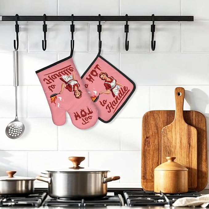 DYJYBMY Too Hot to Handle Funny Vintage Lady Oven Mitts and Pot Holder Set, Sarcastic Kitchen Gadgets for Women Lover, Housewarming Gifts for Chef Baking Lover, Hostess Gifts for Mom Wife Sister BFF