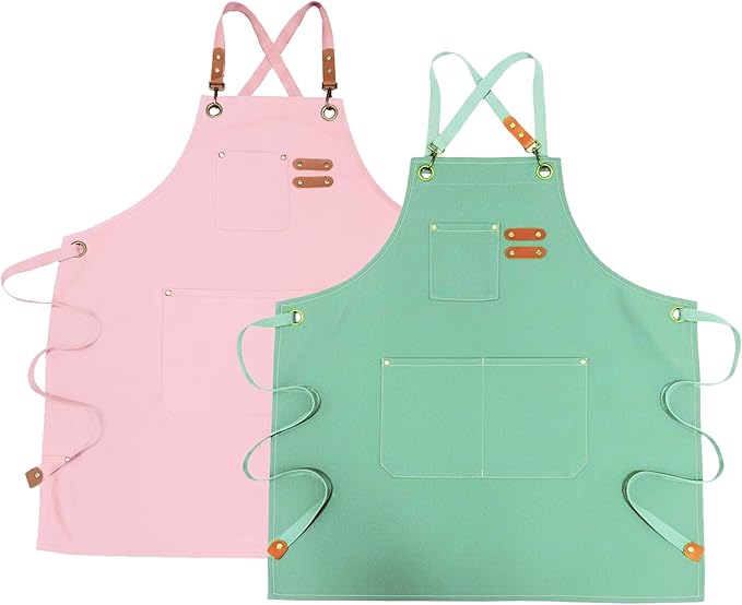 Chef Apron with Large Pockets for Women Men, Cotton Canvas Cross Back Water Repellent Adjustable Work Apron