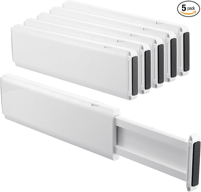5 Pack Drawer Dividers, 4 Inch High Adjustable Dresser Drawer Organizers, Expandable from 14.8-22 inch Separators for Clothes, Kitchen, Office, Bathroom Organization, White