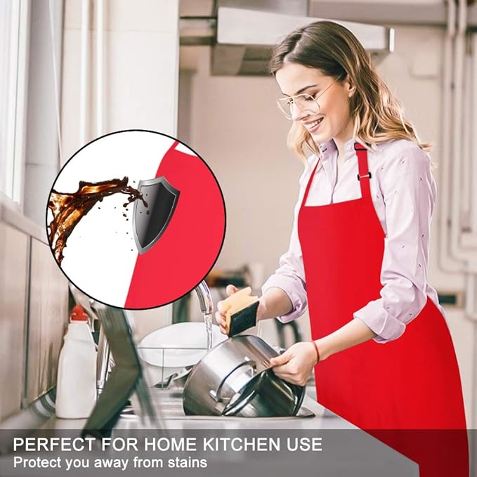 Jubatus 2 Pack Bib Aprons with 2 Pockets Cooking Chef Kitchen Apron for Women Men, Red