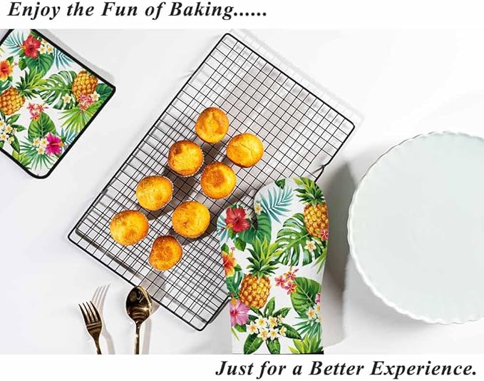 Tropical Pineapple Oven Mitts and Pot Holders Sets Palm Tree Flower Fruit Heat Resistant 3pcs for Cooking Baking BBQ