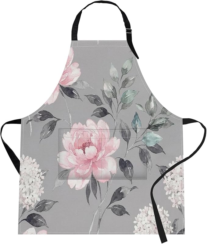 Britimes Spring Flowers Leaves Floral Apron Home Kitchen Cooking Baking Gardening for Women Men with Pockets 32x28 inch