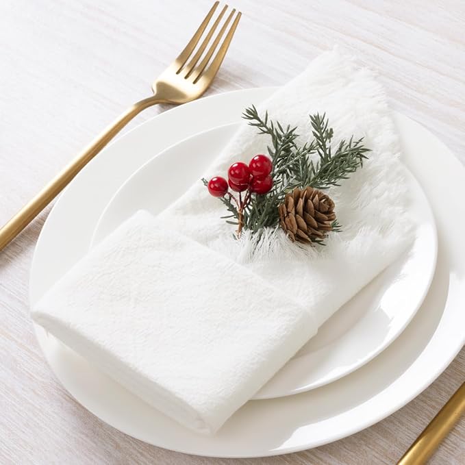 DeZerlor 6 Pack Ivory White Cotton Linen Napkins with Fringe Spring Cloth Napkins Set of 6 Boho Handmade Dinner Napkins Bulk for Wedding Bridal Baby Shower Parties, 17 x 17 Inches