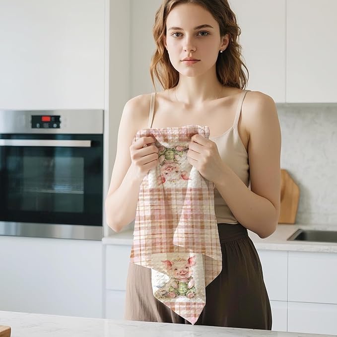 Jztco 2 Pcs Cute Pig Kitchen Towels, Plaid Pink Soft Absorbent Hand Tea Towel, Microfiber Dish Cloths for Drying Dishes, Waffle Dish Towels for Kitchen Bathroom Decor, Pig Gifts for Women Mom Grandma