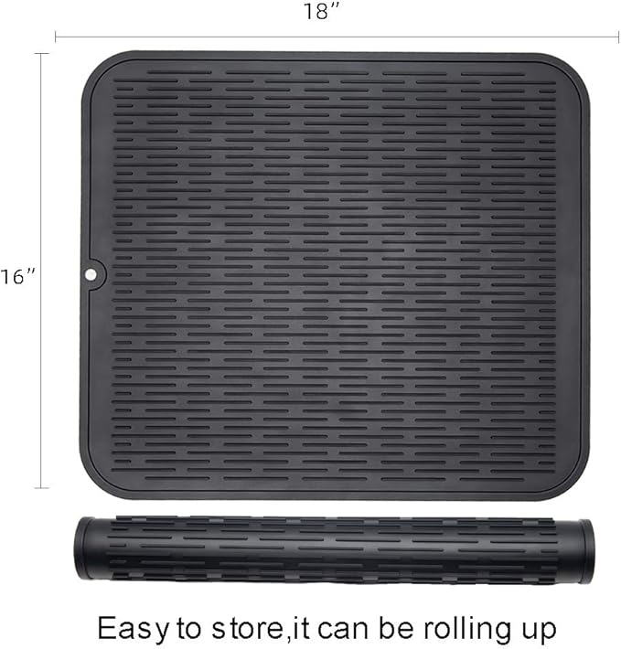 ZLR 2 Pcs Large Silicone Dish Drying Mat (16" x 18") - XL Heavy Duty Drainboard Mat for Pots, Pans & Family Loads - Heat Resistant Trivet & Counter Protector, Easy Clean (Black)