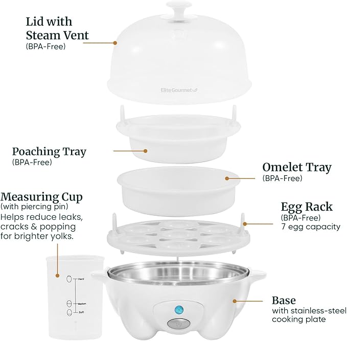 Elite Gourmet EGC-007## Rapid Egg Cooker, 7 Easy-To-Peel, Hard, Medium, Soft Boiled Eggs, Poacher, Omelet Maker, Auto Shut-Off, Alarm, 16-Recipe Booklet, White