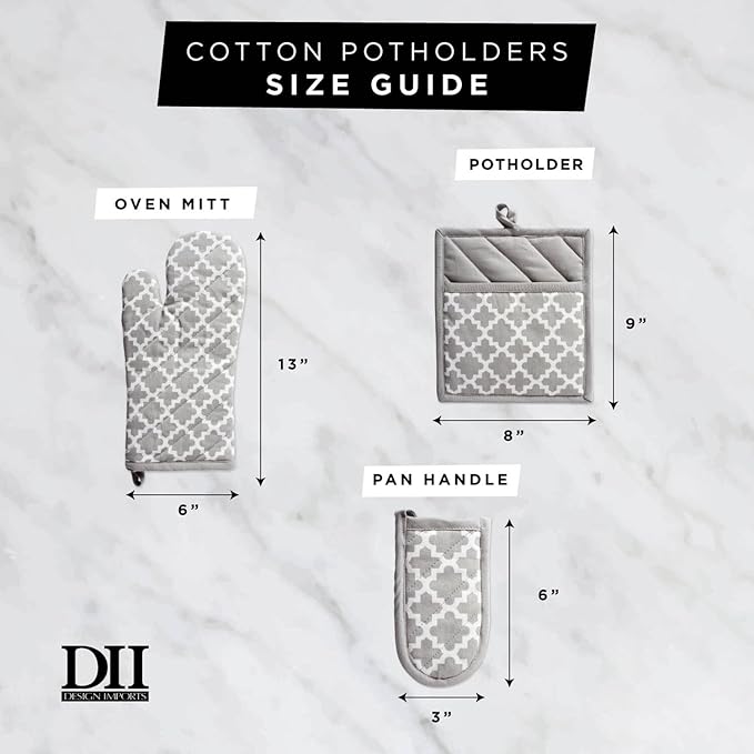 DII Quilted Kitchen Oven Mitt & Potholder Set, Hanging Loop for Convenient Storage, OM 6.5x12/PH 8x8.5, Mustard Damask Print, 2 Piece