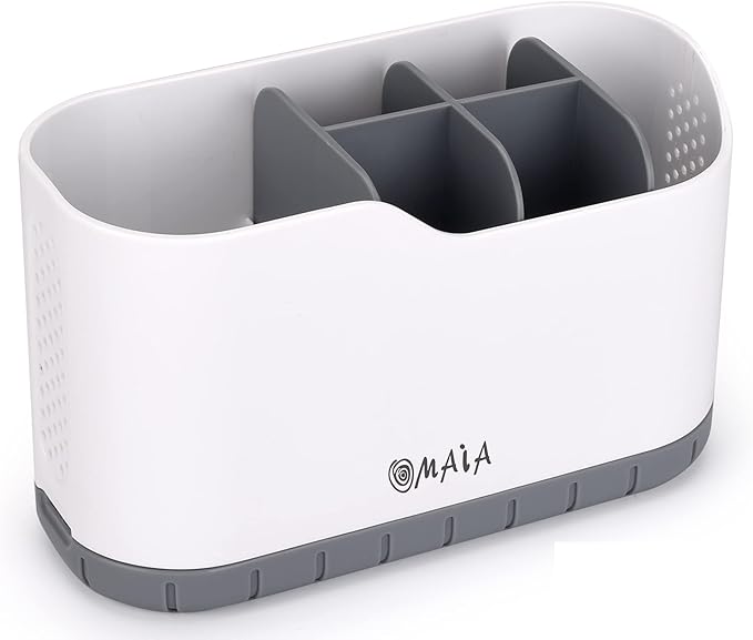 OMAIA Sink Caddy - Sink Organizer for Home, Kitchen, Wash Basin - Holder with Removable Dividers for Sponge, Brush, Toothbrush… White