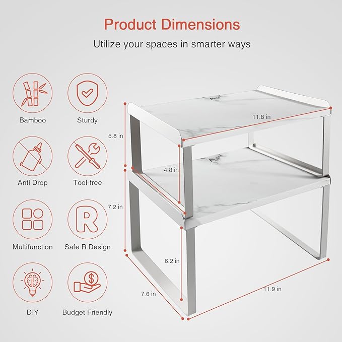 Goozii White Marble Kitchen Counter Shelf Organizer, Modern Dish Plate Organizer for Cabinet Space Saver, Small Wood Stackable 2 Tier Office Desktop Shelf Risers for Books Monitor - Set of 4