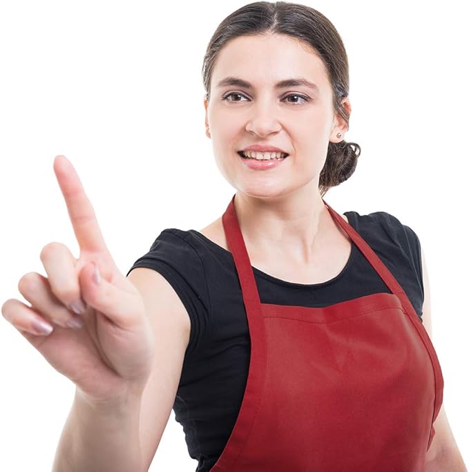 Total 6PCS Deep Red Bib Apron for Women Adult Unisex Durable Comfortable with 2 Front Pockets Washable Chef Aprons for Cooking Baking Kitchen Restaurant Crafting Painting.